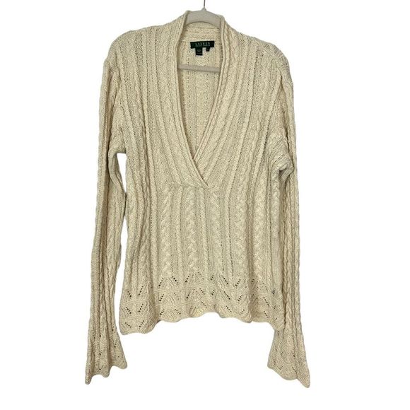 Lauren Ralph Lauren Sweaters - Ralph Lauren Womens Cable Knit Shawl V Neck Sweater XL Cream Ivory Cotton
